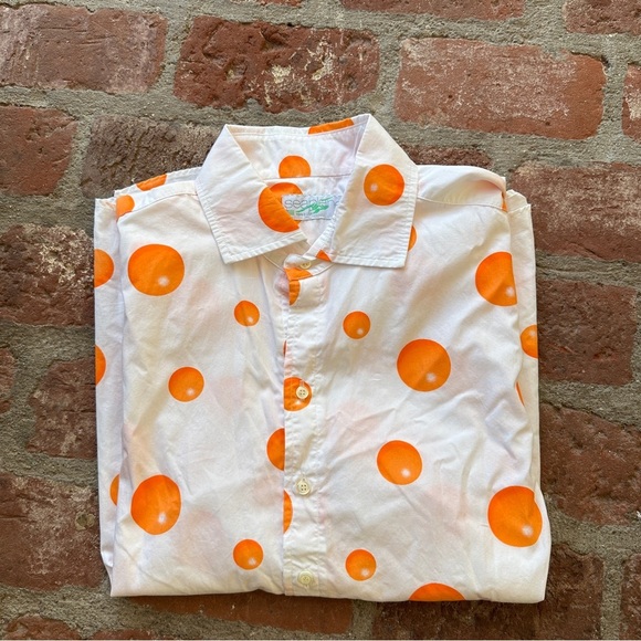 Seaplane XL Vibrant Orange Polka Dot Camp Button Down Men's Short Sleeve Shirt - Picture 1 of 11
